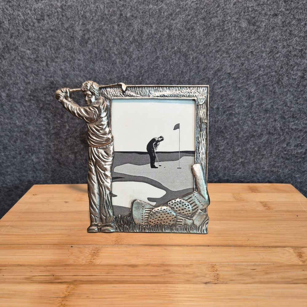 Vtg 1980s Pewter Golf Themed 3x5 Picture Frame Novelty Kitschy Sports